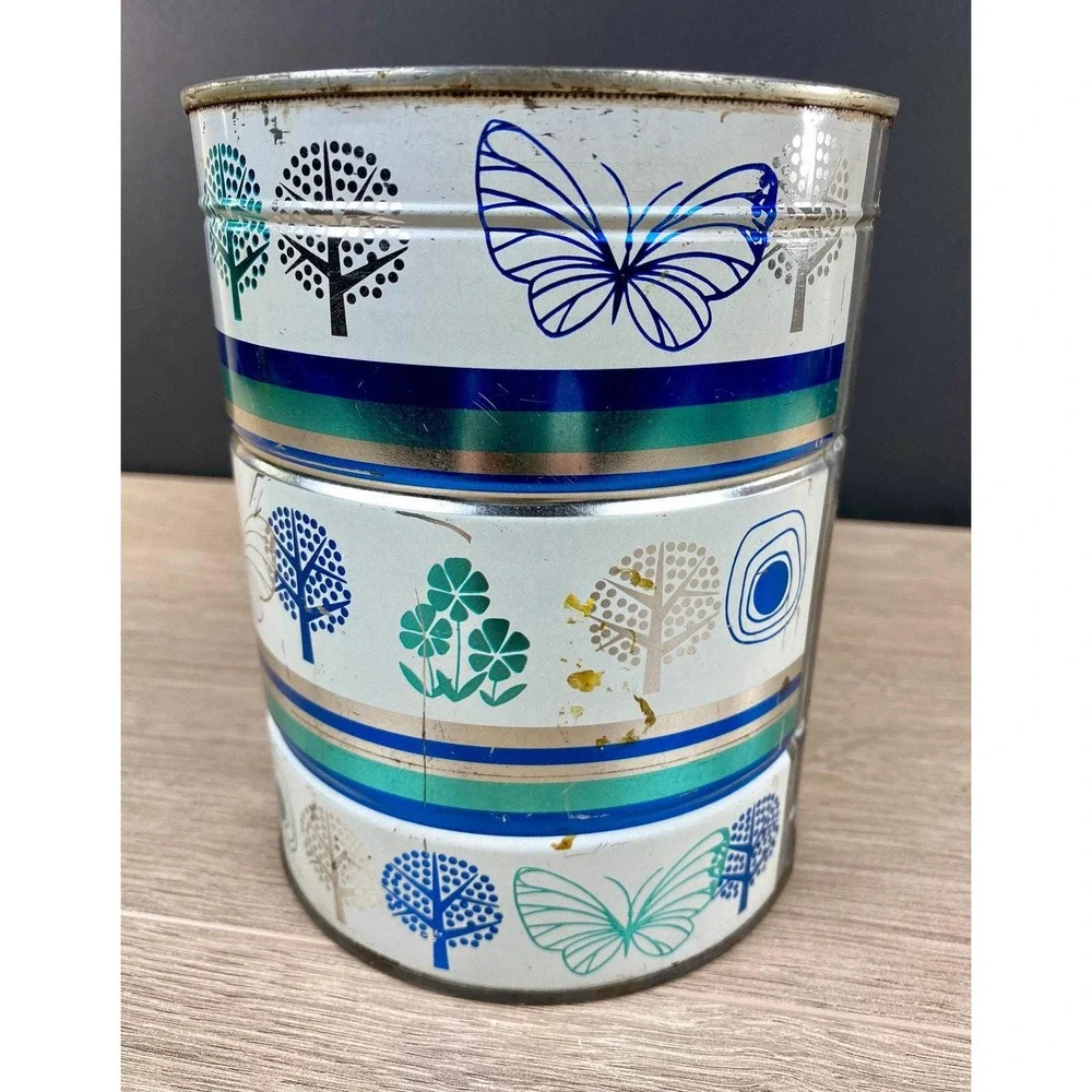 Vintage Coffee Tin Butterflies Trees Retro Graphics Blue Silver White Décor
